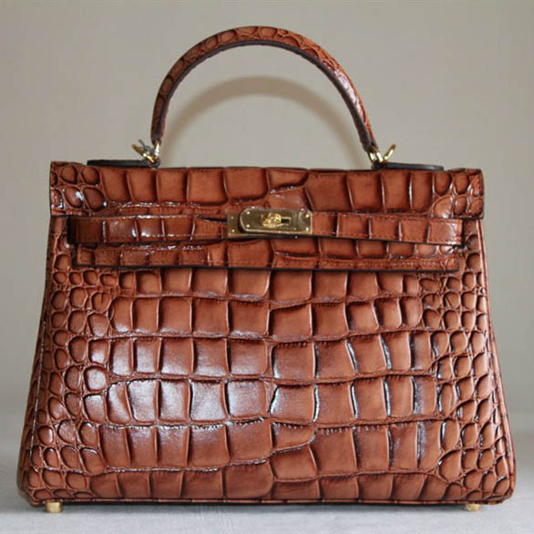 7A Replica Hermes Kelly 32cm Crocodile Veins Leather Bag Dark Coffee HC0001 (5)